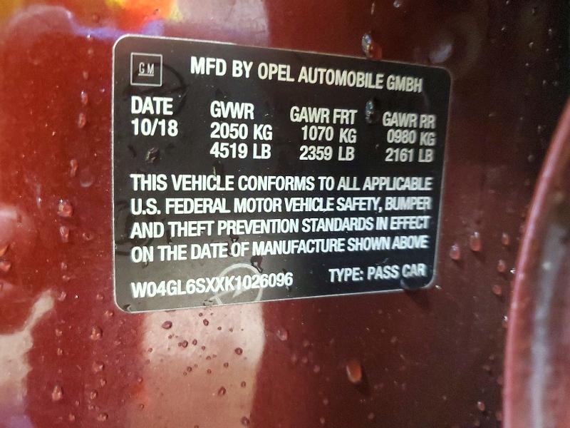 Продаж на аукціоні авто 2019 Buick Regal, vin: W04GL6SXXK1026096, номер лоту: 57753806