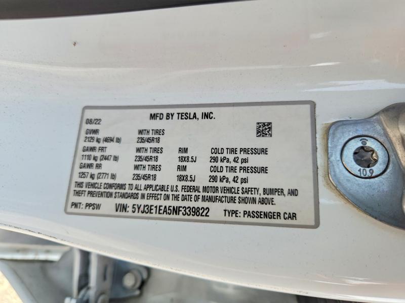 55956376 :رقم المزاد ، 5YJ3E1EA5NF339822 vin ، 2022 Tesla Model 3 مزاد بيع
