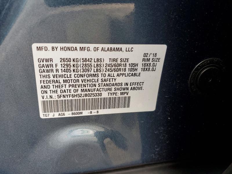 Продажа на аукционе авто 2018 Honda Pilot, vin: 5FNYF6H52JB025330, номер лота: 57473226