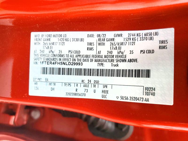 2022 Ford Ranger მანქანა იყიდება აუქციონზე, vin: 1FTER4FH5NLD29993, აუქციონის ნომერი: 57378976