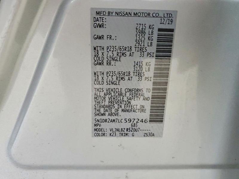 55919616 :رقم المزاد ، 5N1DR2AM7LC597246 vin ، 2020 Nissan Pathfinder مزاد بيع