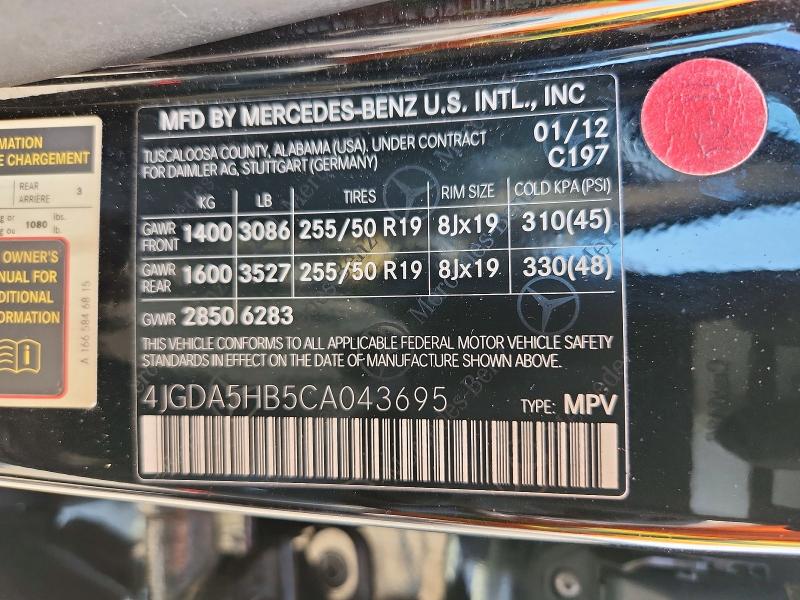 Продаж на аукціоні авто 2012 Mercedes-benz Ml, vin: 4JGDA5HB5CA043695, номер лоту: 58983336