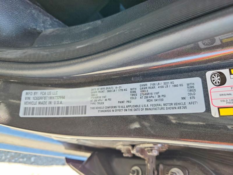 Продаж на аукціоні авто 2021 Ram 1500, vin: 1C6SRFBT1MN732694, номер лоту: 55588366