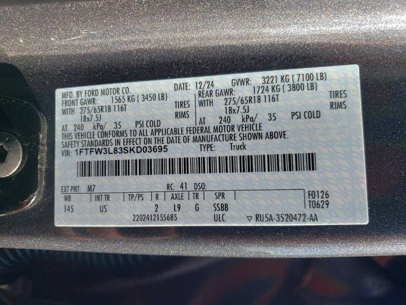 Aukcja sprzedaży 2025 Ford F150, vin: 1FTFW3L83SKD03695, numer aukcji: 55163056