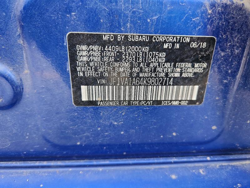 55822546 :رقم المزاد ، JF1VA1A64K9802714 vin ، 2019 Subaru Wrx مزاد بيع