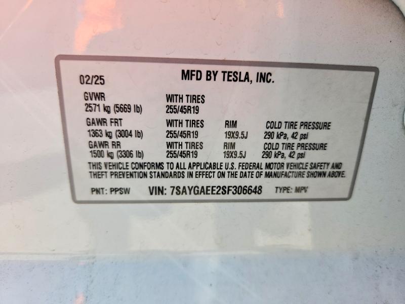 58152096 :رقم المزاد ، 7SAYGAEE2SF306648 vin ، 2025 Tesla Model Y مزاد بيع