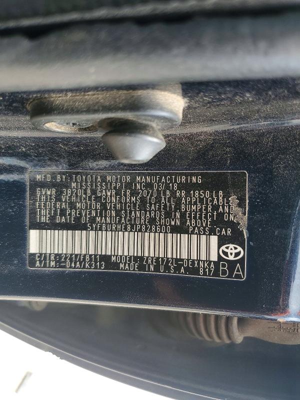 Aukcja sprzedaży 2018 Toyota Corolla, vin: 5YFBURHE8JP828600, numer aukcji: 56807036