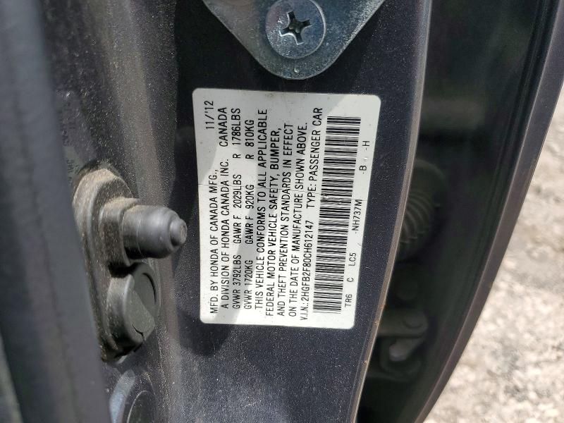 57408576 :رقم المزاد ، 2HGFB2F80CH612147 vin ، 2012 Honda Civic مزاد بيع