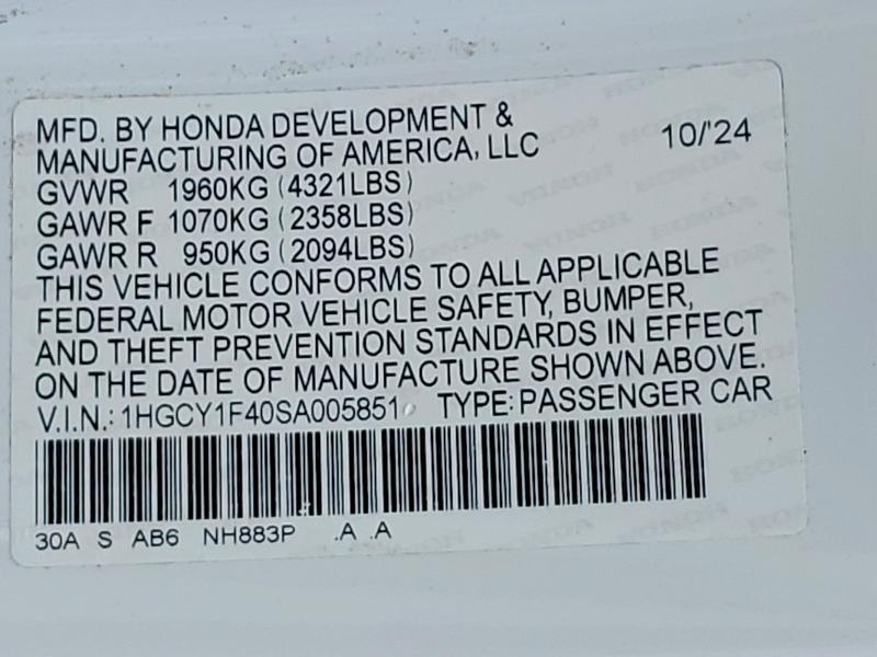 Aukcja sprzedaży 2025 Honda Accord, vin: 1HGCY1F40SA005851, numer aukcji: 55378946