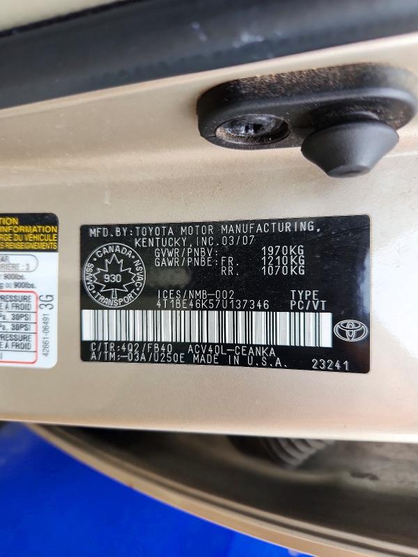 Aukcja sprzedaży 2007 Toyota Camry, vin: 4T1BE46K57U137346, numer aukcji: 56806416