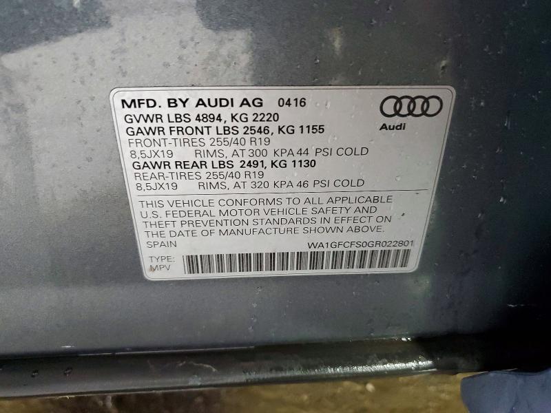 56567266 :رقم المزاد ، WA1GFCFS0GR022801 vin ، 2016 Audi Q3 مزاد بيع