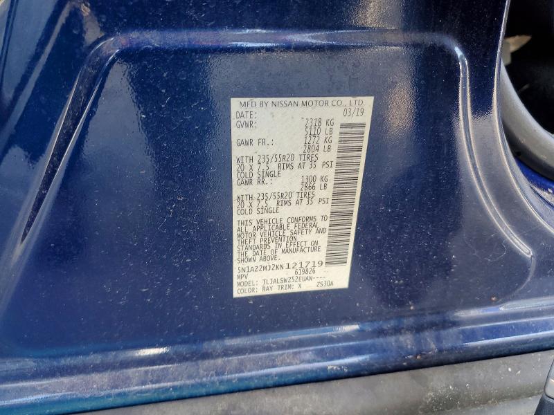 2019 Nissan Murano მანქანა იყიდება აუქციონზე, vin: 5N1AZ2MJ2KN121719, აუქციონის ნომერი: 57332836