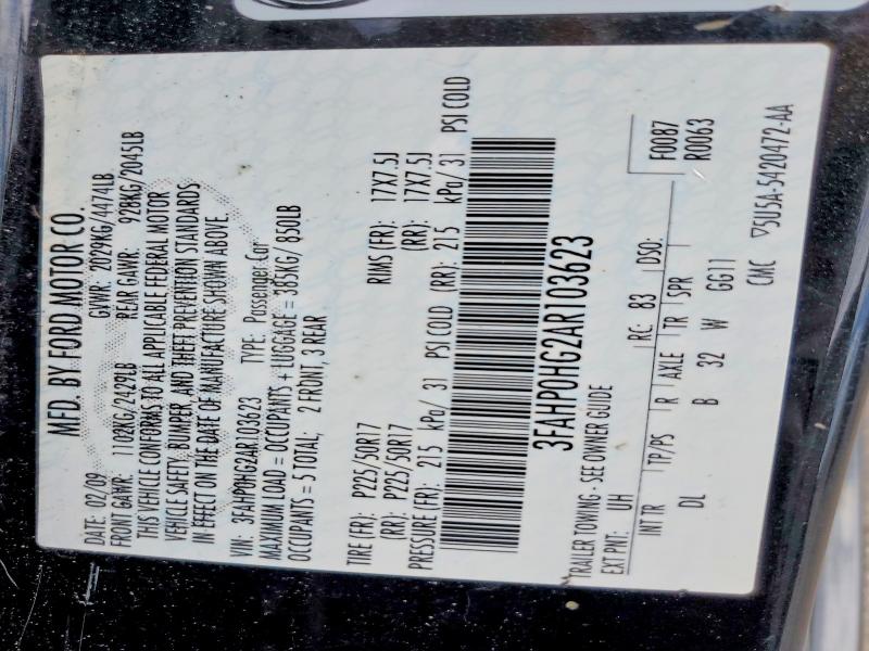 57565986 :رقم المزاد ، 3FAHP0HG2AR103623 vin ، 2010 Ford Fusion مزاد بيع