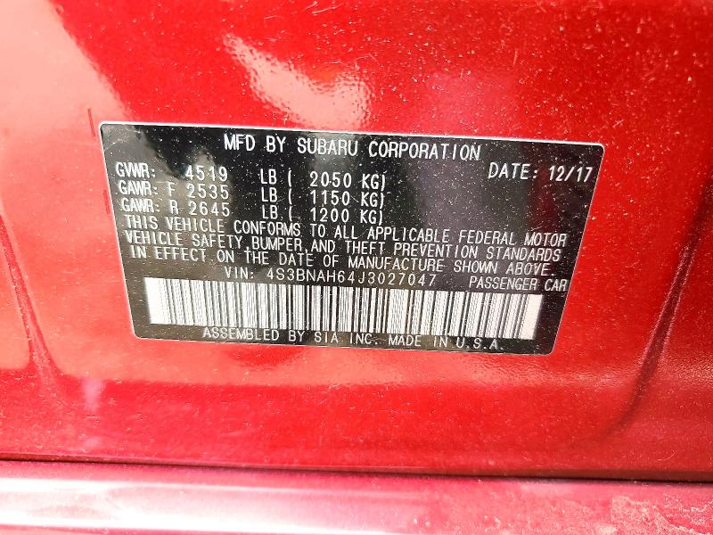 56502886 :رقم المزاد ، 4S3BNAH64J3027047 vin ، 2018 Subaru Legacy مزاد بيع