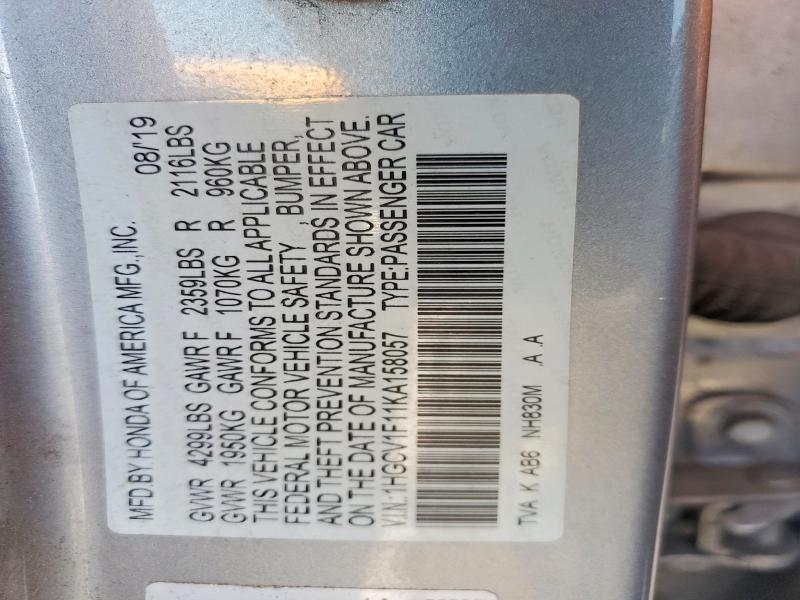 Aukcja sprzedaży 2019 Honda Accord, vin: 1HGCV1F11KA158057, numer aukcji: 58617136