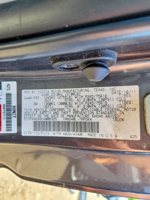 Продажа на аукционе авто 2012 Toyota Tacoma, vin: 5TFPX4EN9CX008325, номер лота: 56042826