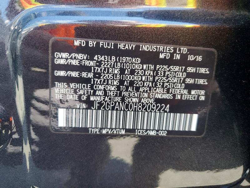 58843816 :رقم المزاد ، JF2GPANC0H8209224 vin ، 2017 Subaru Crosstrek مزاد بيع