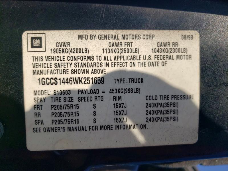 Aukcja sprzedaży 1998 Chevrolet S Truck, vin: 1GCCS1446WK251659, numer aukcji: 58284266