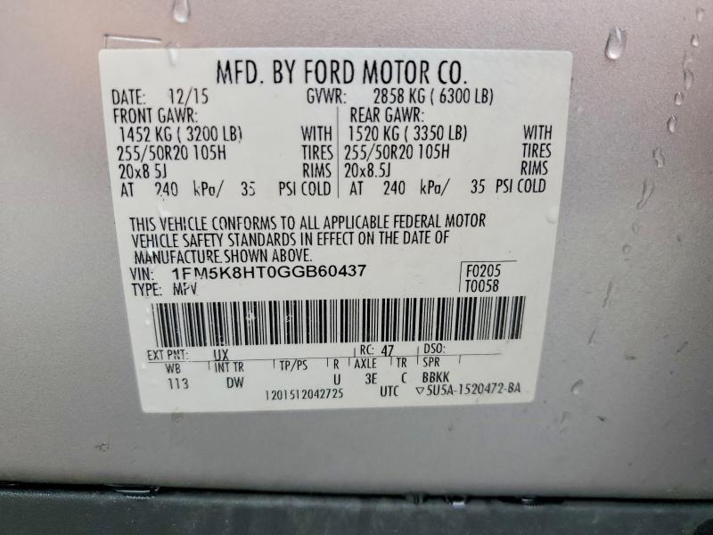 Aukcja sprzedaży 2016 Ford Explorer, vin: 1FM5K8HT0GGB60437, numer aukcji: 59095576