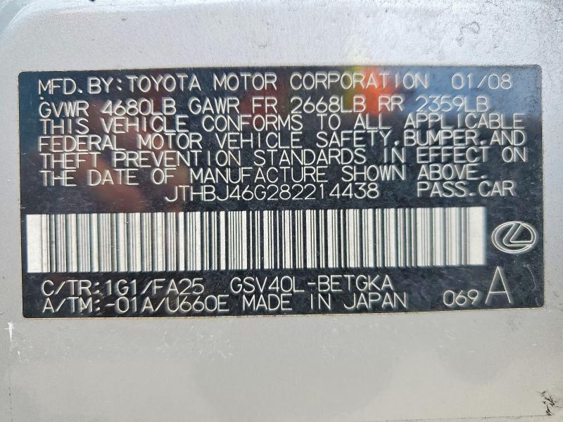 Aukcja sprzedaży 2008 Lexus Es, vin: JTHBJ46G282214438, numer aukcji: 58146856