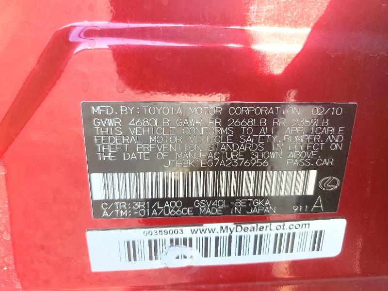 Aukcja sprzedaży 2010 Lexus Es, vin: JTHBK1EG7A2376956, numer aukcji: 56852796
