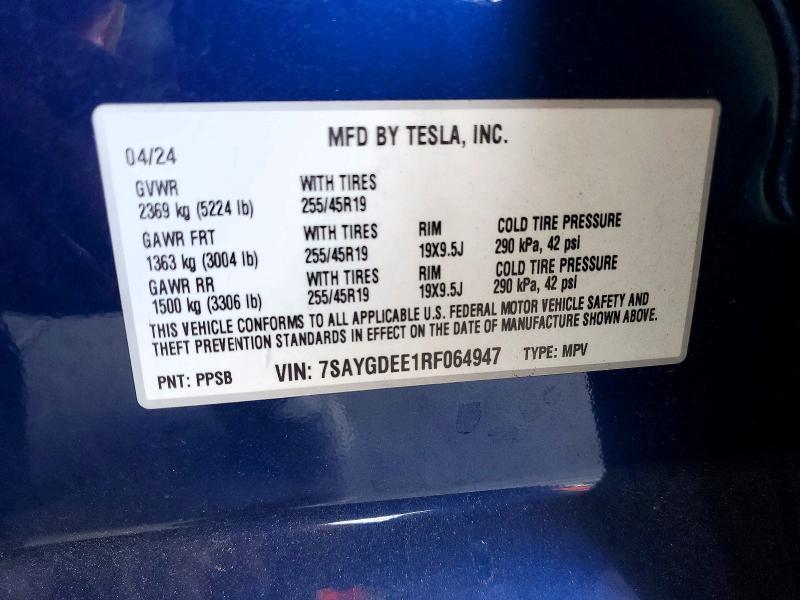 2024 Tesla Model Y მანქანა იყიდება აუქციონზე, vin: 7SAYGDEE1RF064947, აუქციონის ნომერი: 55991736