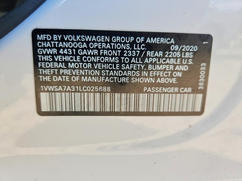 55565786 :رقم المزاد ، 1VWSA7A31LC025688 vin ، 2020 Volkswagen Passat مزاد بيع