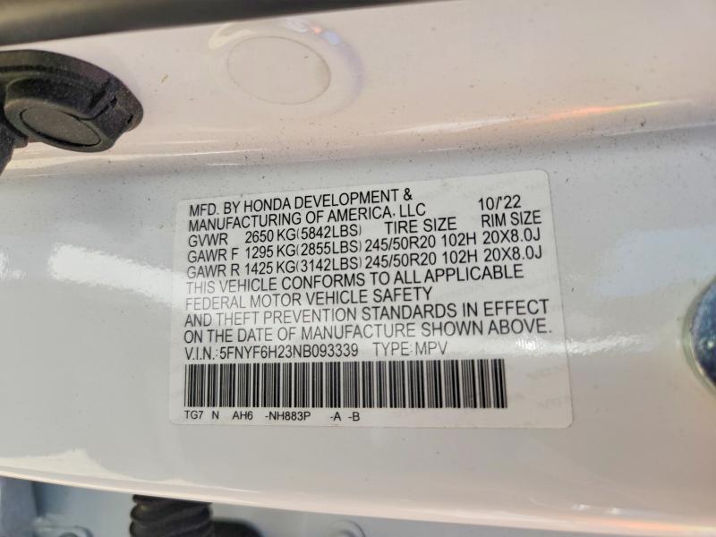 Aukcja sprzedaży 2022 Honda Pilot, vin: 5FNYF6H23NB093339, numer aukcji: 58528666