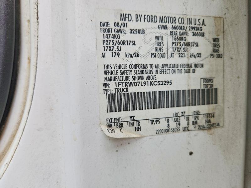2001 Ford F150 მანქანა იყიდება აუქციონზე, vin: 1FTRW07L91KC53295, აუქციონის ნომერი: 55763876