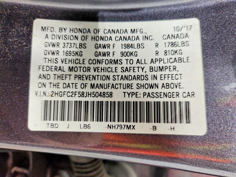 2018 Honda Civic მანქანა იყიდება აუქციონზე, vin: 2HGFC2F58JH504858, აუქციონის ნომერი: 57223636