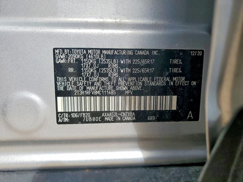 Продаж на аукціоні авто 2021 Toyota Rav4, vin: 2T3H1RFV8MC111485, номер лоту: 55223406