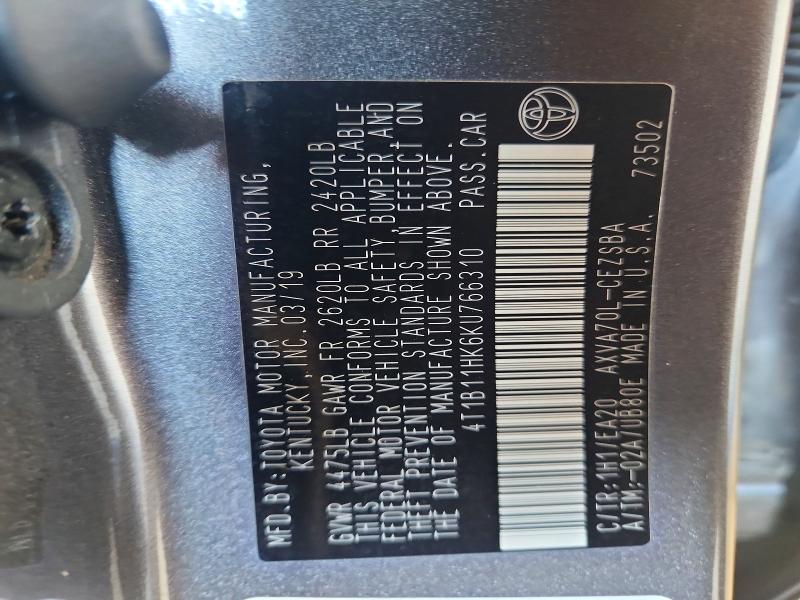 55493406 :رقم المزاد ، 4T1B11HK6KU766310 vin ، 2019 Toyota Camry مزاد بيع