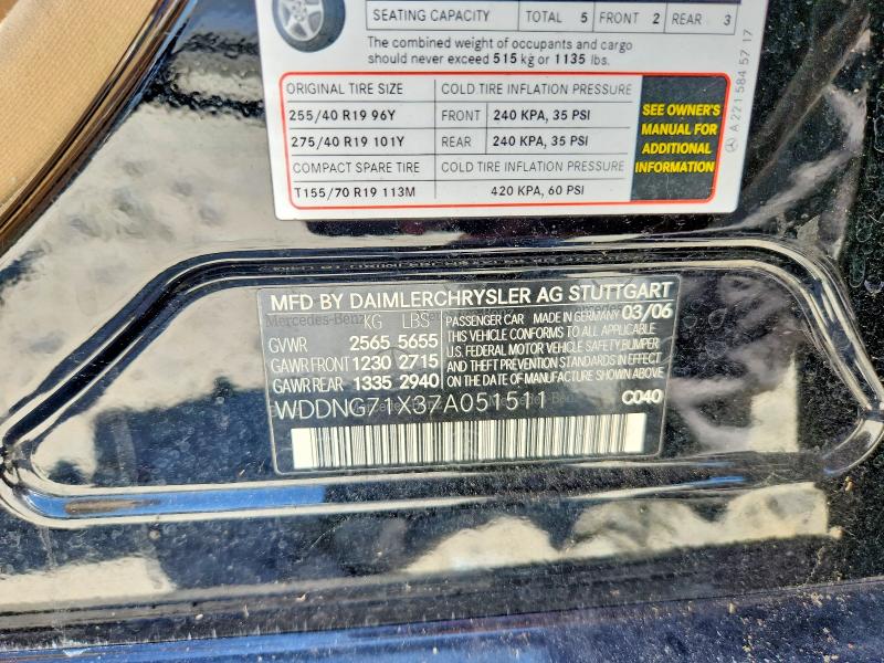 56165056 :رقم المزاد ، WDDNG71X37A051511 vin ، 2007 Mercedes-benz S مزاد بيع