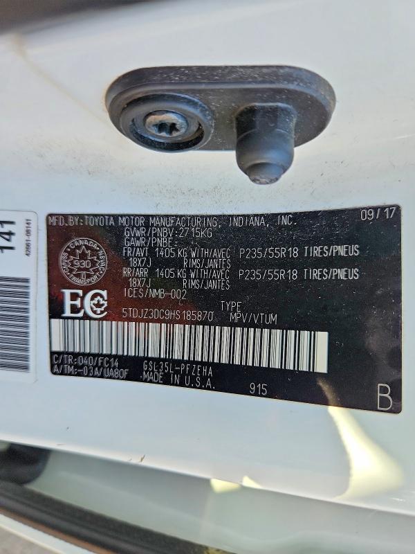 Aukcja sprzedaży 2017 Toyota Sienna, vin: 5TDJZ3DC9HS185870, numer aukcji: 57766656
