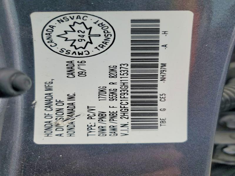 2016 Honda Civic მანქანა იყიდება აუქციონზე, vin: 2HGFC1F93GH115373, აუქციონის ნომერი: 58396666
