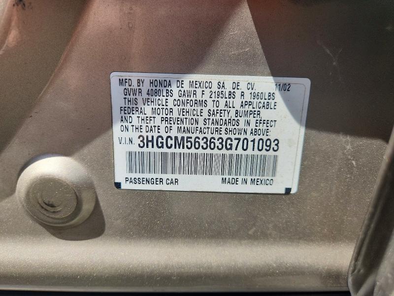 Aukcja sprzedaży 2003 Honda Accord, vin: 3HGCM56363G701093, numer aukcji: 54809786