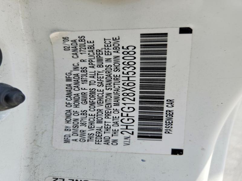 2006 Honda Civic მანქანა იყიდება აუქციონზე, vin: 2HGFG128X6H536085, აუქციონის ნომერი: 58204466