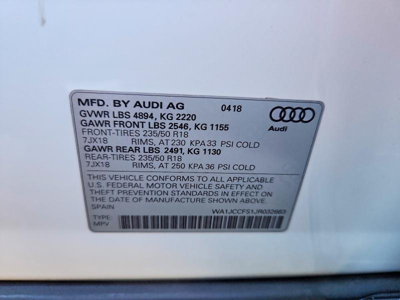 57438736 :رقم المزاد ، WA1JCCFS1JR032663 vin ، 2018 Audi Q3 مزاد بيع