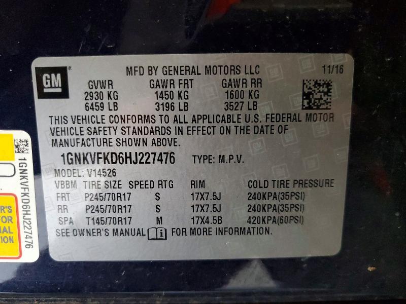 85602835 :رقم المزاد ، 1GNKVFKD6HJ227476 vin ، 2017 Chevrolet Traverse مزاد بيع