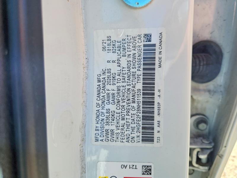 Auction sale of the 2022 Honda Civic, vin: 2HGFE2F28NH511539, lot number: 56926816