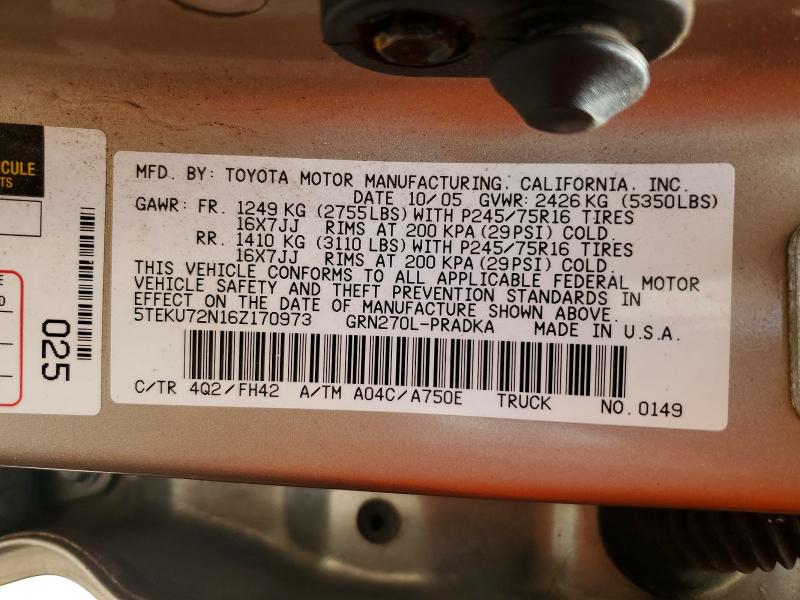 2006 Toyota Tacoma მანქანა იყიდება აუქციონზე, vin: 5TEKU72N16Z170973, აუქციონის ნომერი: 55956156