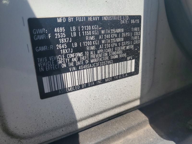 2015 Subaru Outback მანქანა იყიდება აუქციონზე, vin: 4S4BSAJC3F3352963, აუქციონის ნომერი: 52938926