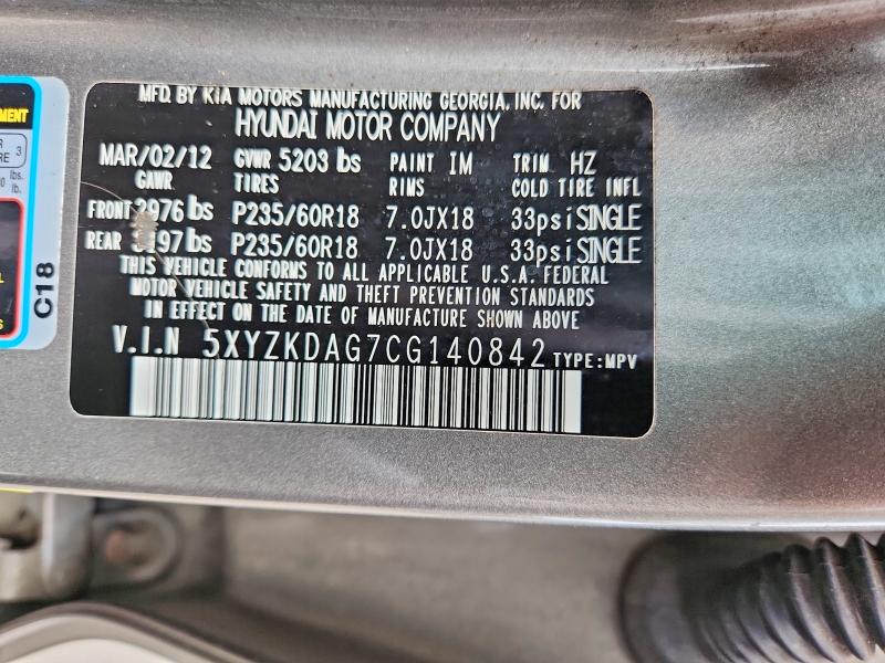 2012 Hyundai Santa Fe მანქანა იყიდება აუქციონზე, vin: 5XYZKDAG7CG140842, აუქციონის ნომერი: 56882006