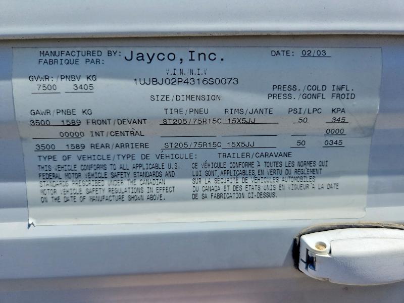 Aukcja sprzedaży 2003 Jayco Jay Recreational Vehicle (rv), vin: 1UJBJ02P4316S0073, numer aukcji: 55416546