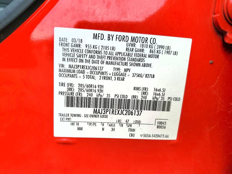56306466 :رقم المزاد ، MAJ3P1REXJC206137 vin ، 2018 Ford Ecosport مزاد بيع
