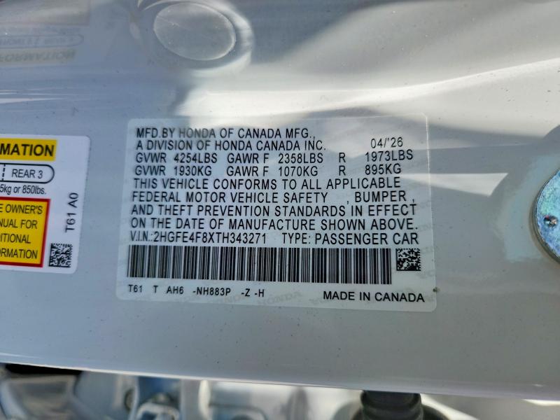 56126596 :رقم المزاد ، 2HGFE4F8XTH343271 vin ، 2026 Honda Civic مزاد بيع