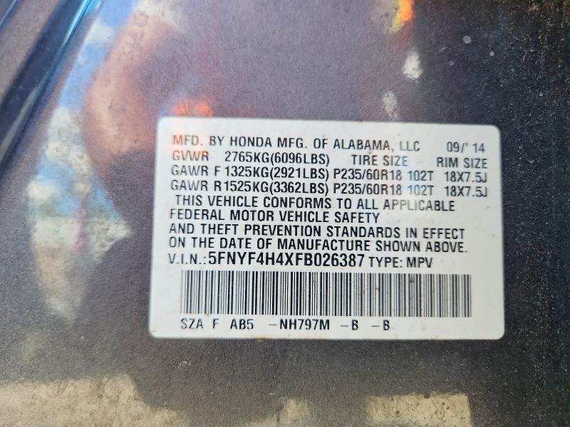 Продажа на аукционе авто 2015 Honda Pilot, vin: 5FNYF4H4XFB026387, номер лота: 57551456