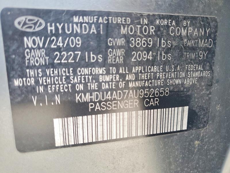 2010 Hyundai Elantra მანქანა იყიდება აუქციონზე, vin: KMHDU4AD7AU952658, აუქციონის ნომერი: 56022236