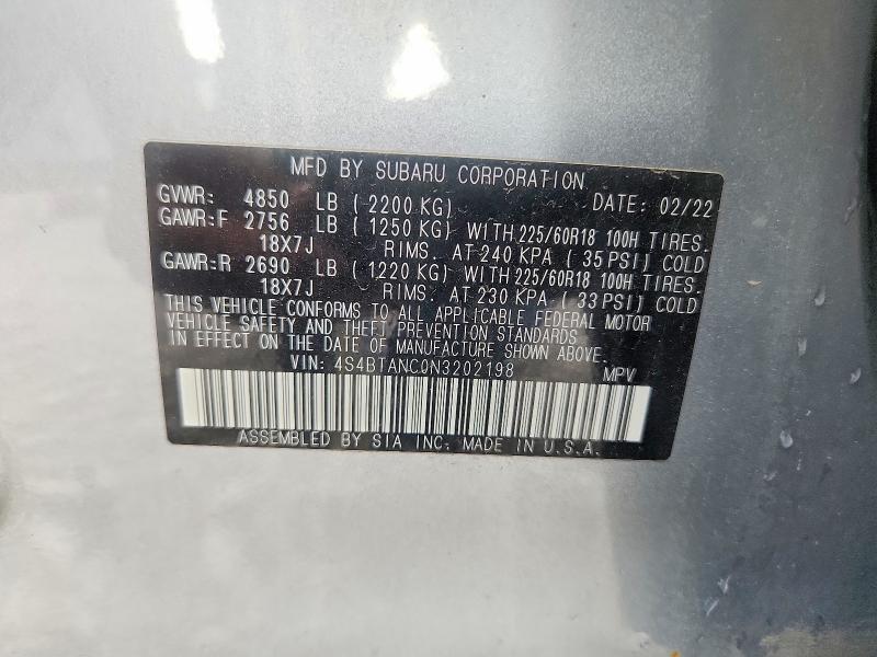 Продажа на аукционе авто 2022 Subaru Outback, vin: 4S4BTANC0N3202198, номер лота: 57265396