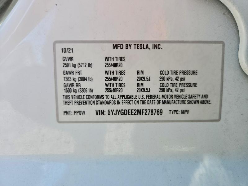 56322126 :رقم المزاد ، 5YJYGDEE2MF278769 vin ، 2021 Tesla Model Y مزاد بيع